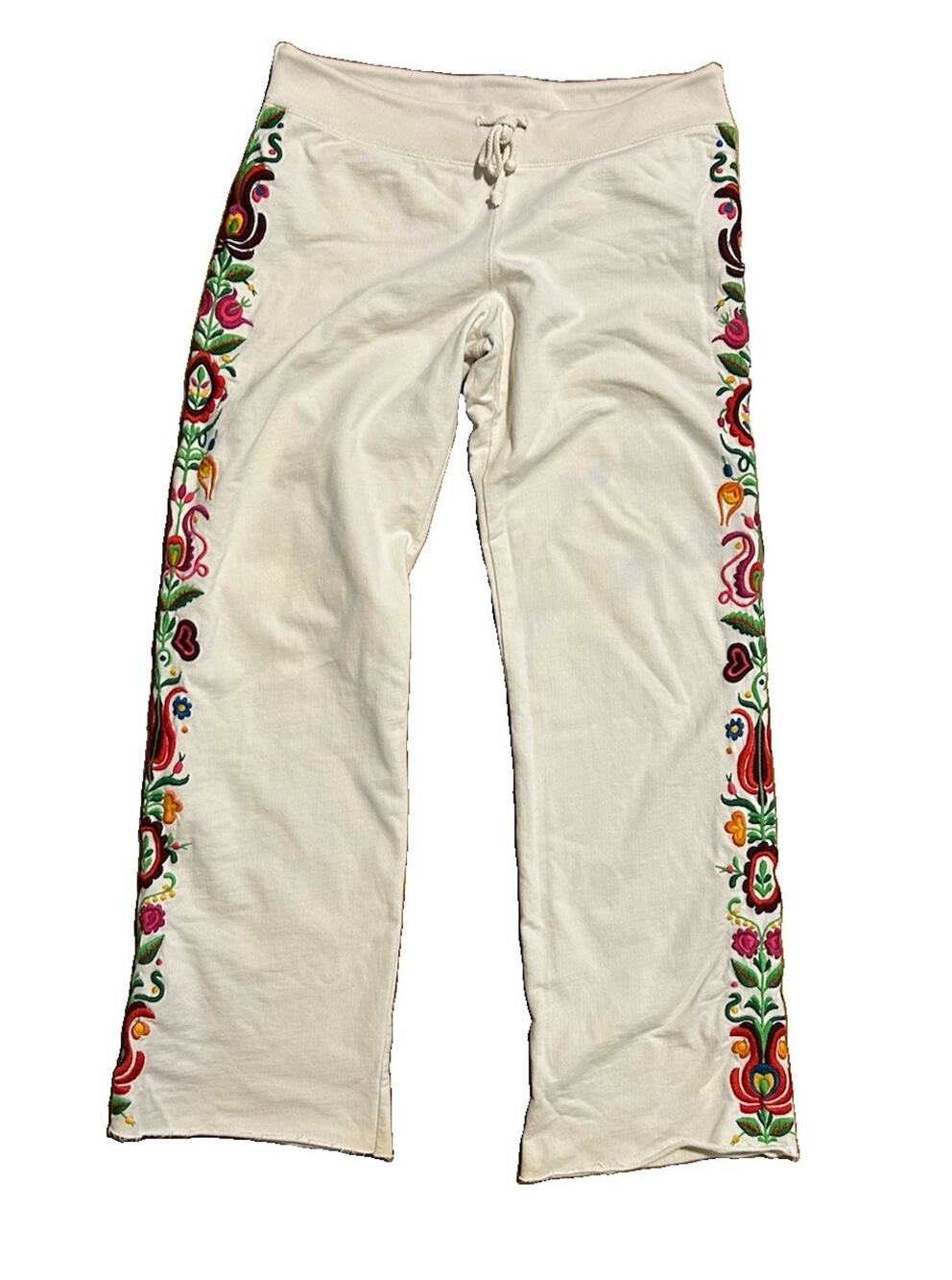 Vtg Y2K Lucky Brand Floral Embroidered Sweatpants Wide Leg Flawed